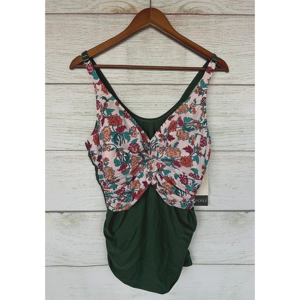 Gottex Profile Tankini Swim Top Womens Size 22W Green Floral Tankini‎ Top New